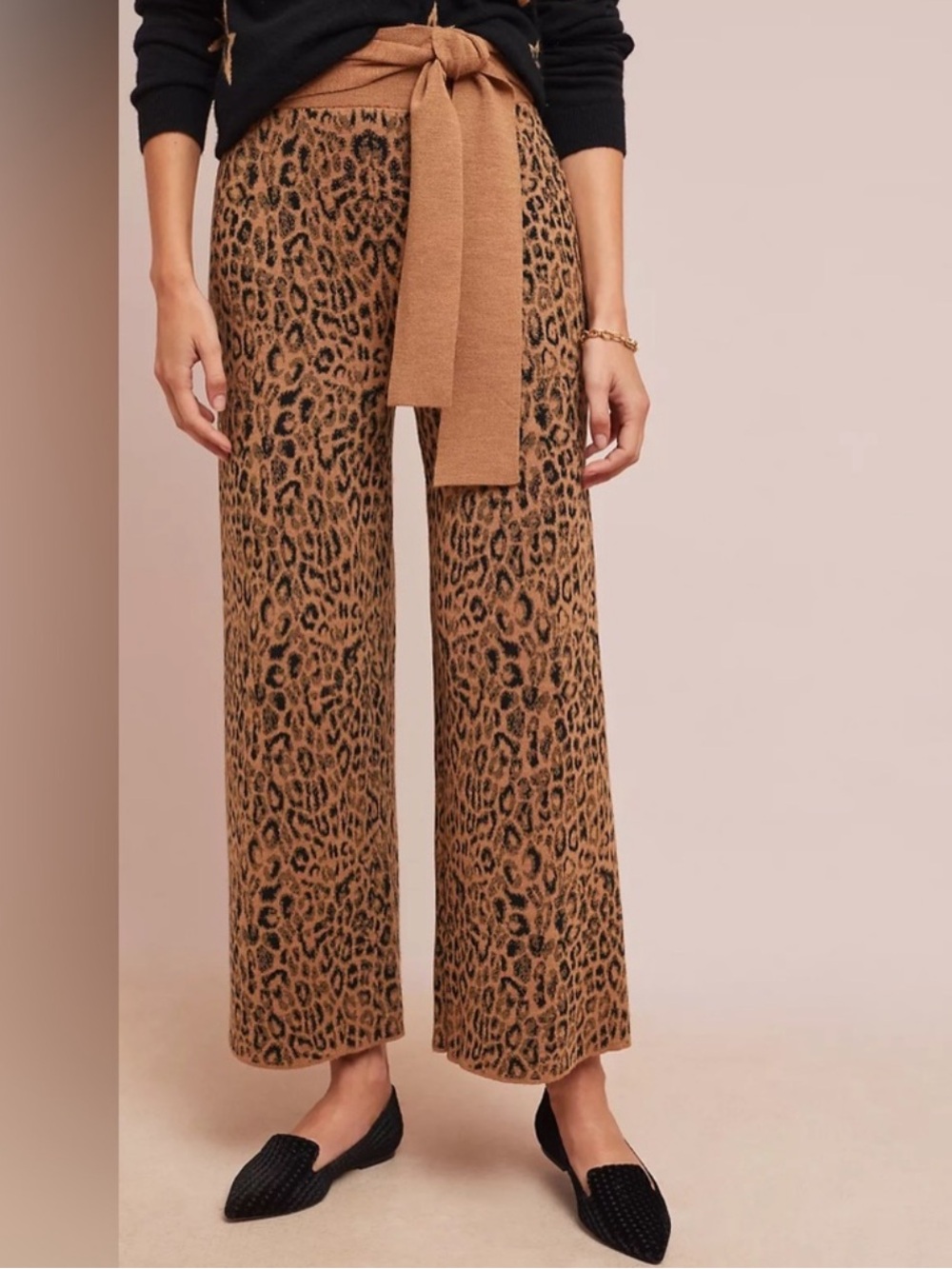 MOTH by Anthropologie Leopard Sweater Tie Knit Trousers Wool Blend Size Medium